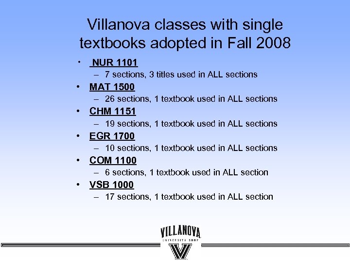 Villanova classes with single textbooks adopted in Fall 2008 • NUR 1101 – 7