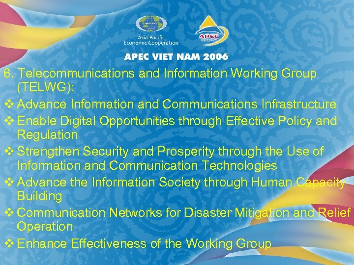 6. Telecommunications and Information Working Group (TELWG): v Advance Information and Communications Infrastructure v