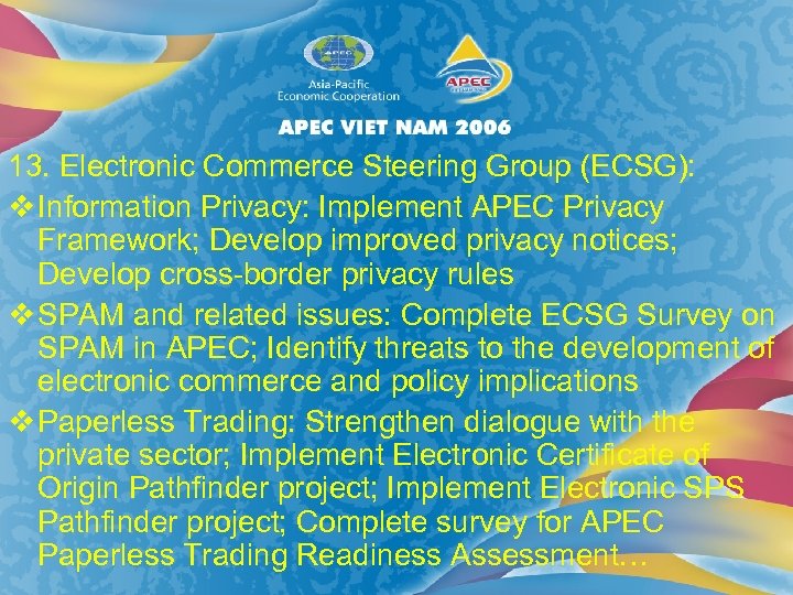 13. Electronic Commerce Steering Group (ECSG): v Information Privacy: Implement APEC Privacy Framework; Develop