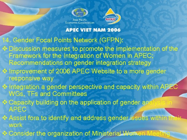 14. Gender Focal Points Network (GFPN): v Discussion measures to promote the implementation of