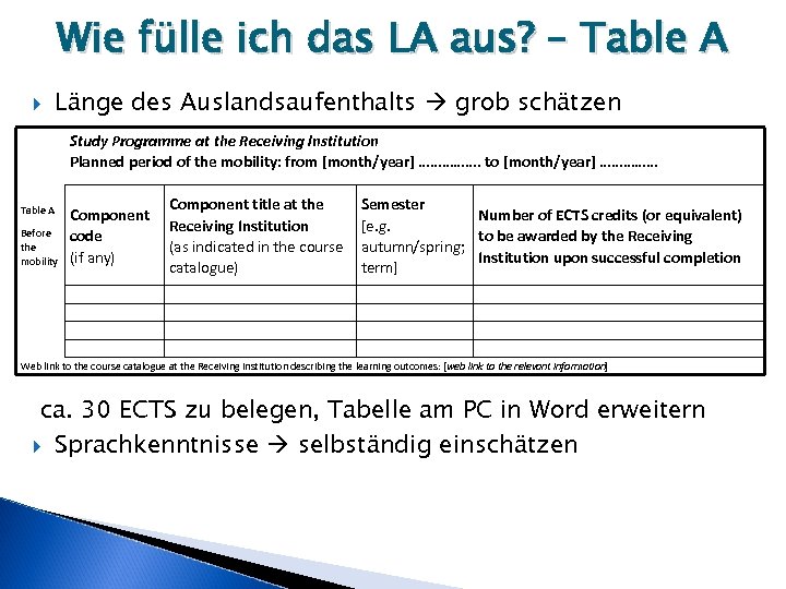 Wie fülle ich das LA aus? – Table A Länge des Auslandsaufenthalts grob schätzen