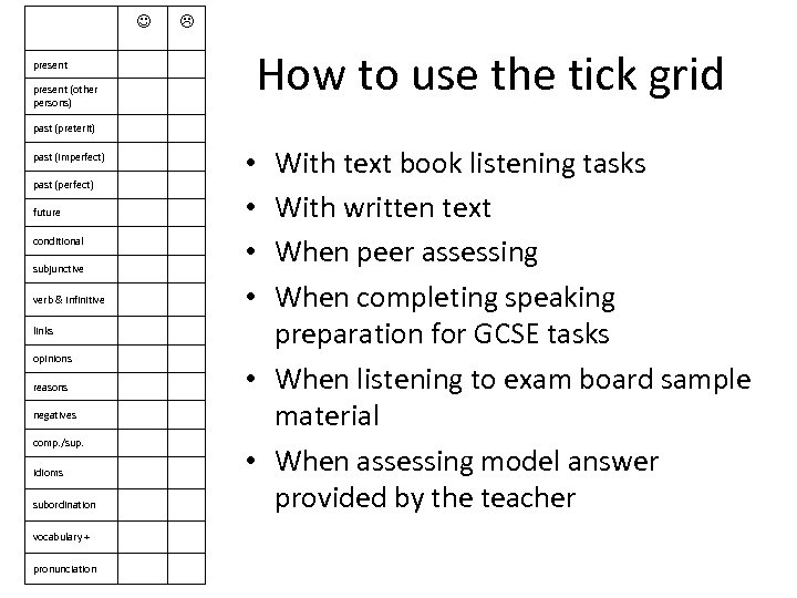  How to use the tick grid present (other persons) past (preterit) past (imperfect)