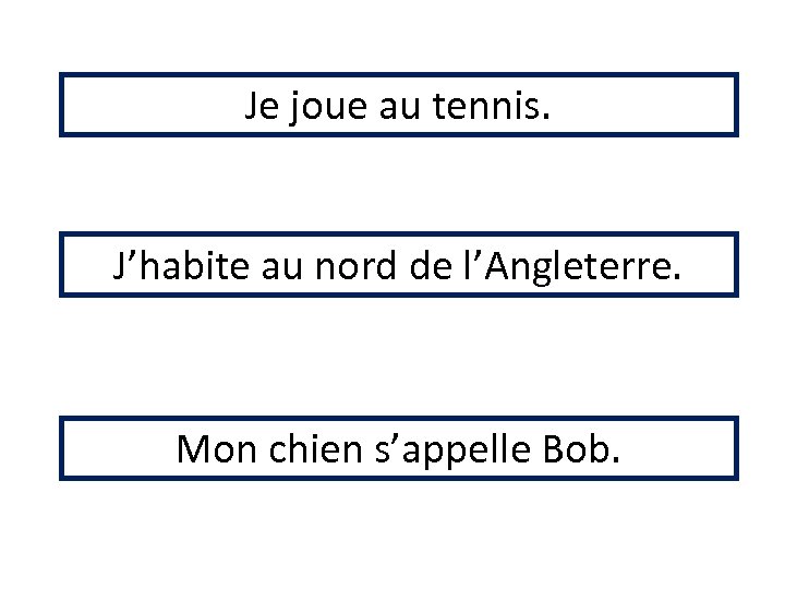 Je joue au tennis. J’habite au nord de l’Angleterre. Mon chien s’appelle Bob. 