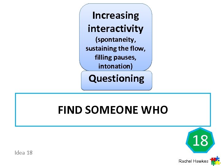 Increasing interactivity (spontaneity, sustaining the flow, filling pauses, intonation) Questioning FIND SOMEONE WHO Idea