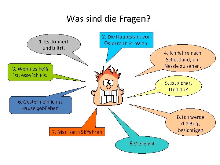 Was sind die Fragen? 1. Es donnert und blitzt. 2. Die Hauptstadt von Österreich