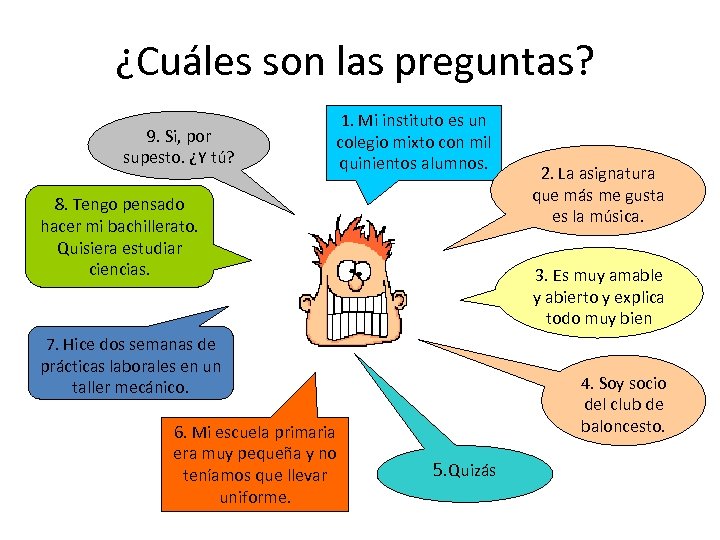 ¿Cuáles son las preguntas? 9. Si, por supesto. ¿Y tú? 1. Mi instituto es