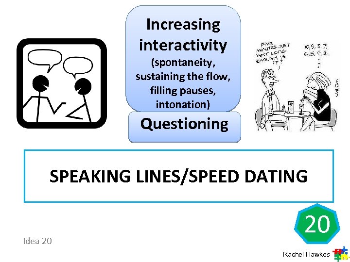 Increasing interactivity (spontaneity, sustaining the flow, filling pauses, intonation) Questioning SPEAKING LINES/SPEED DATING Idea