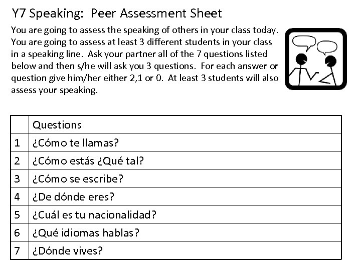 Y 7 Speaking: Peer Assessment Sheet You are going to assess the speaking of