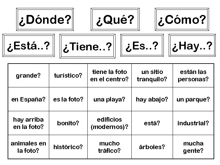 ¿Dónde? ¿Está. . ? ¿Qué? ¿Tiene. . ? ¿Cómo? ¿Es. . ? ¿Hay. .