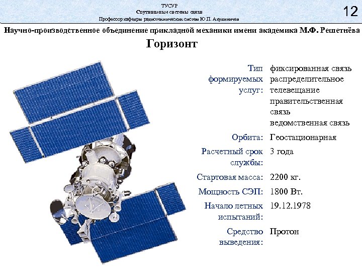 ТУСУР Спутниковые системы связи Профессор кафедры радиотехнических систем Ю. П. Акулиничев 8 12 Научно-производственное