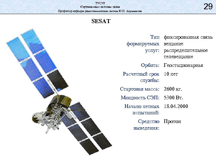 ТУСУР Спутниковые системы связи Профессор кафедры радиотехнических систем Ю. П. Акулиничев 29 SESAT Тип