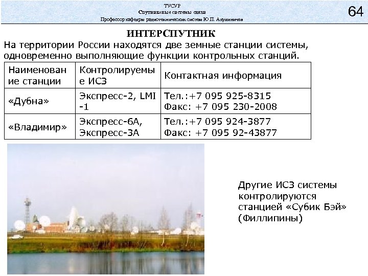 ТУСУР Спутниковые системы связи Профессор кафедры радиотехнических систем Ю. П. Акулиничев 64 ИНТЕРСПУТНИК На