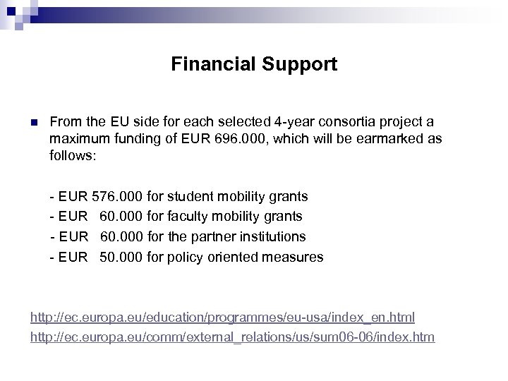 Financial Support n From the EU side for each selected 4 -year consortia project