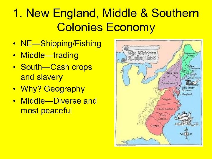 1. New England, Middle & Southern Colonies Economy • NE—Shipping/Fishing • Middle—trading • South—Cash