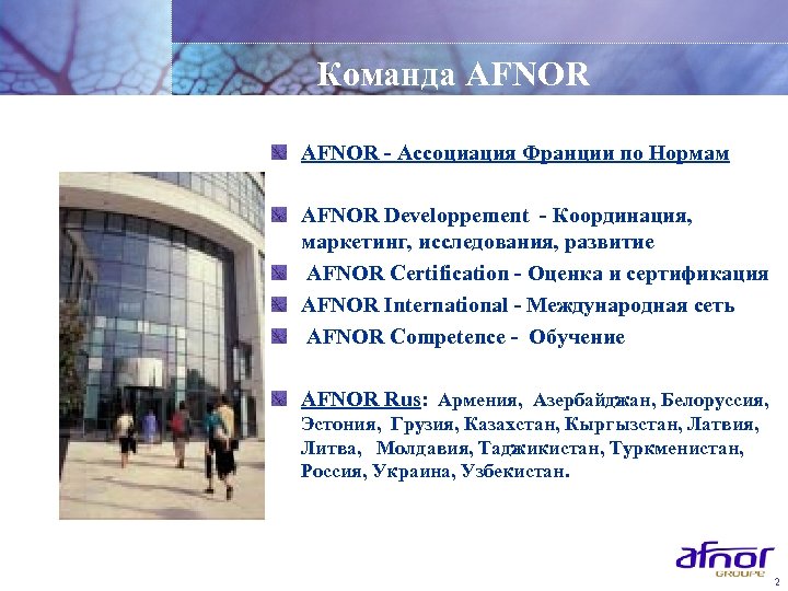 Команда AFNOR - Ассоциация Франции по Нормам AFNOR Developpement - Координация, маркетинг, исследования, развитие