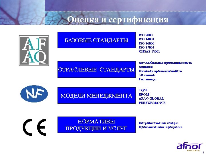 Оценка и сертификация БАЗОВЫЕ СТАНДАРТЫ ОТРАСЛЕВЫЕ СТАНДАРТЫ МОДЕЛИ МЕНЕДЖМЕНТА НОРМАТИВЫ ПРОДУКЦИИ И УСЛУГ ISO