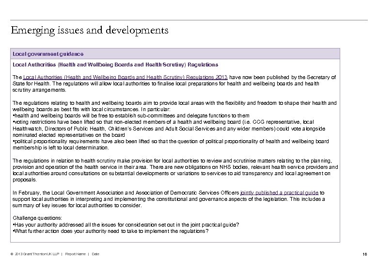 Emerging issues and developments Local government guidance Local Authorities (Health and Wellbeing Boards and