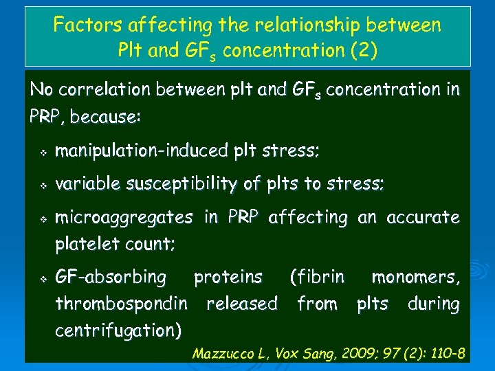 Factors affecting the relationship between Plt and GFs concentration (2) No correlation between plt