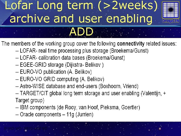 Lofar Long term (>2 weeks) archive and user enabling ADD EURO-VO: GRID and VO