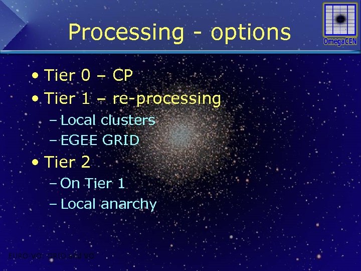 Processing - options • Tier 0 – CP • Tier 1 – re-processing –