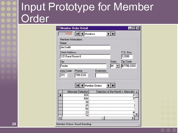Input Prototype for Member Order 26 