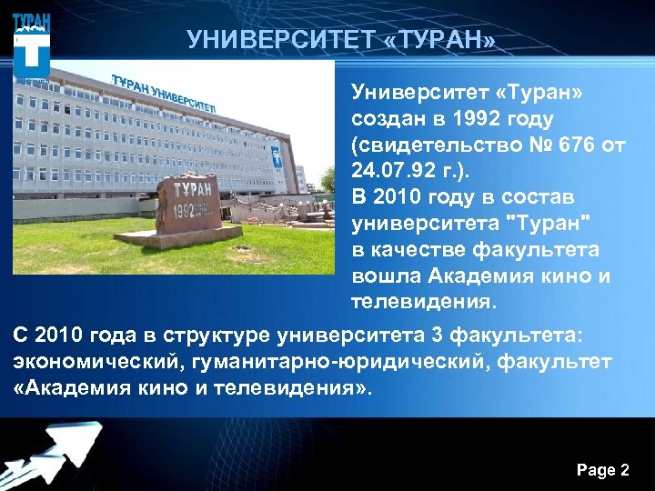  УНИВЕРСИТЕТ «ТУРАН» Университет «Туран» создан в 1992 году (свидетельство № 676 от 24.