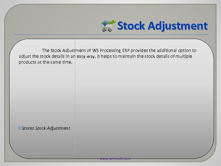 Stock Adjustment The Stock Adjustment of WS Processing ERP provides the additional option to