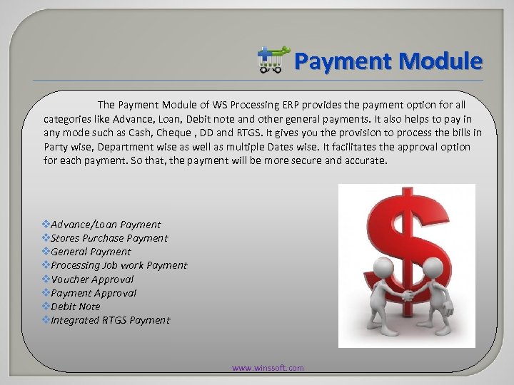 Payment Module The Payment Module of WS Processing ERP provides the payment option for
