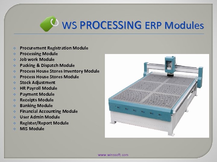 WS PROCESSING ERP Modules v v v v Procurement Registration Module Processing Module Job