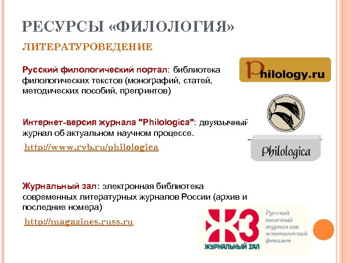 РЕСУРСЫ «ФИЛОЛОГИЯ» ЛИТЕРАТУРОВЕДЕНИЕ Русский филологический портал: библиотека филологических текстов (монографий, статей, методических пособий, препринтов)