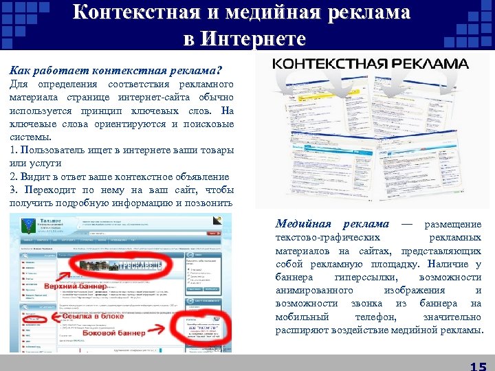 Контекстная и медийная реклама в Интернете Как работает контекстная реклама? Для определения соответствия рекламного