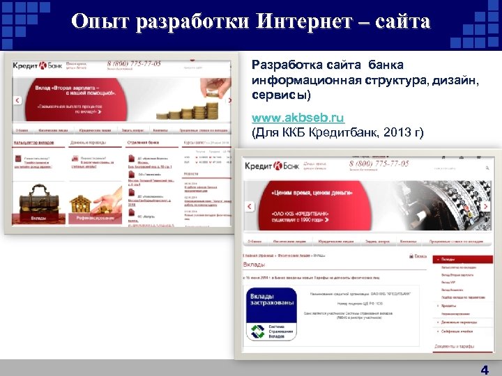 Опыт разработки Интернет – сайта Разработка сайта банка информационная структура, дизайн, сервисы) www. akbseb.