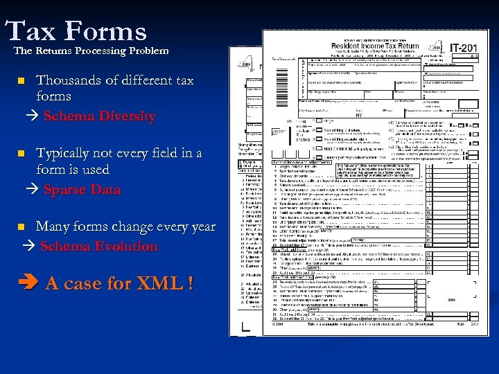 Tax Forms The Returns Processing Problem Thousands of different tax forms Schema Diversity n