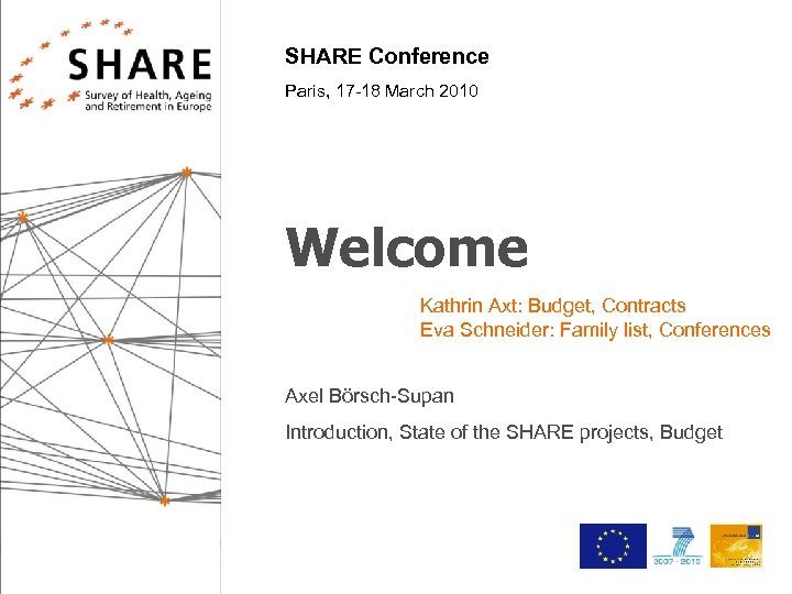 SHARE Conference Paris, 17 -18 March 2010 Welcome Kathrin Axt: Budget, Contracts Eva Schneider: