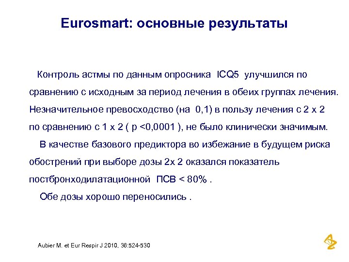 Eurosmart: основные результаты Контроль астмы по данным опросника ICQ 5 улучшился по сравнению с