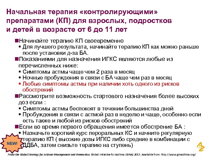 Начальная терапия «контролирующими» препаратами (КП) для взрослых, подростков и детей в возрасте от 6