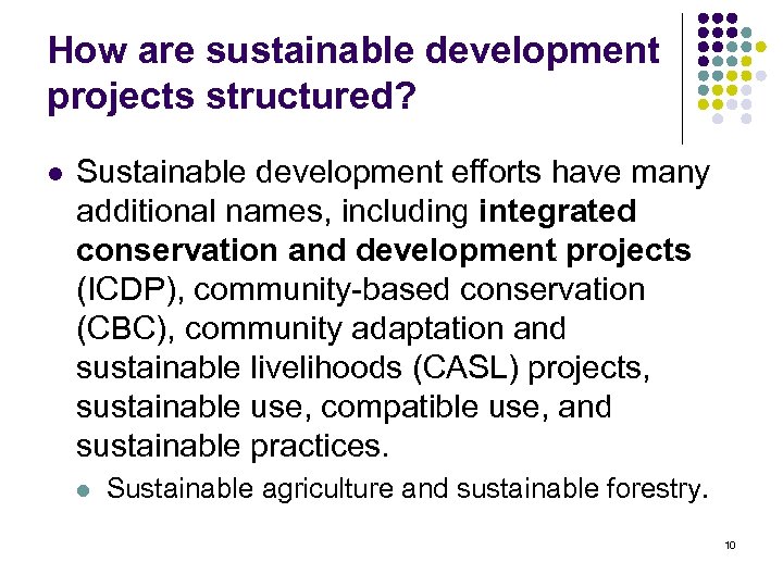 How are sustainable development projects structured? l Sustainable development efforts have many additional names,