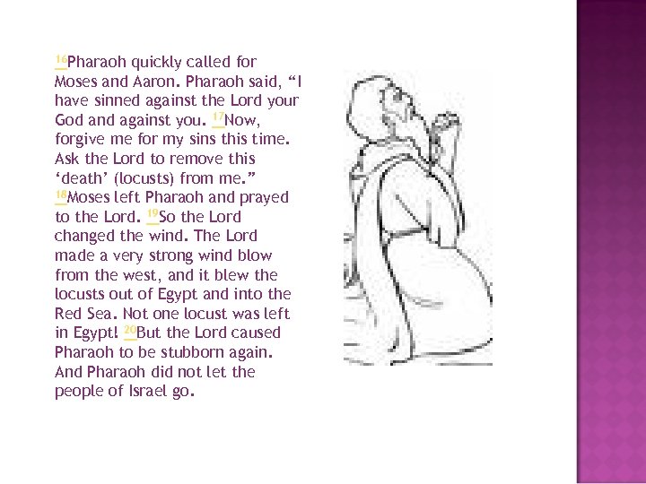 16 Pharaoh quickly called for Moses and Aaron. Pharaoh said, “I have sinned against