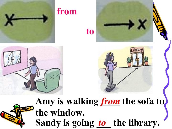 from to Amy is walking ____ the sofa to from the window. Sandy is