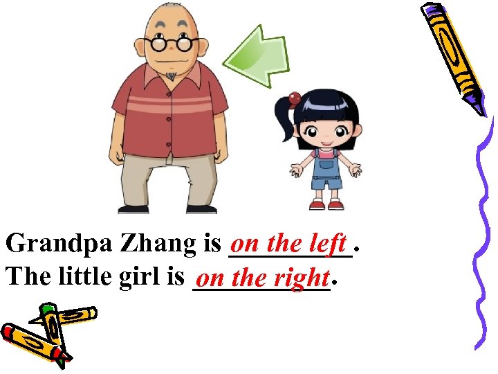 Grandpa Zhang is _____. on the left The little girl is _____. on the