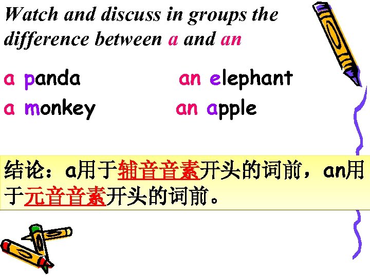 Watch and discuss in groups the difference between a and an a panda a