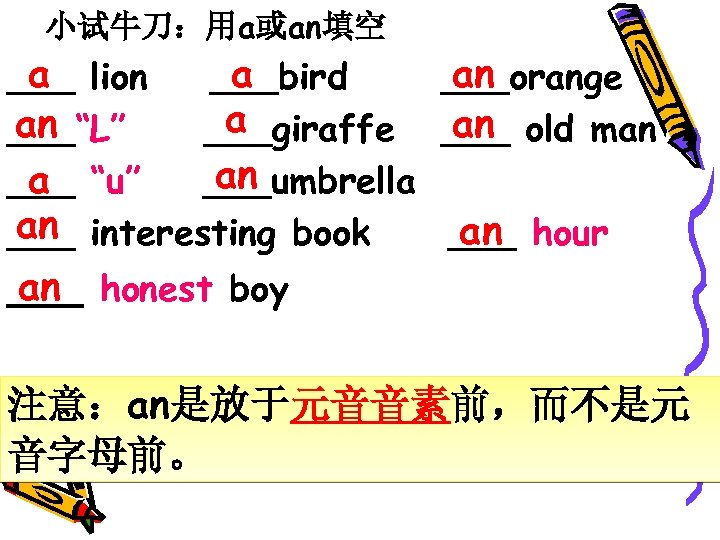 小试牛刀：用a或an填空 a a an ___ lion ___bird ___orange a an an ___“L” ___giraffe ___