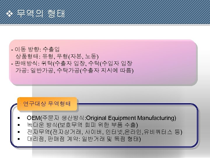 v 무역의 형태 - 이동 방향: 수출입 상품형태: 유형, 무형(자본, 노동) - 판매방식: 위탁(수출자