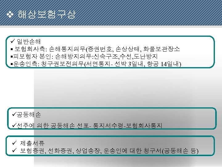 v 해상보험구상 ü 일반손해 § 보험회사측: 손해통지의무(증권번호, 손상상태, 화물보관장소 §피보험자 본인: 손해방지의무: 신속구조, 수선,