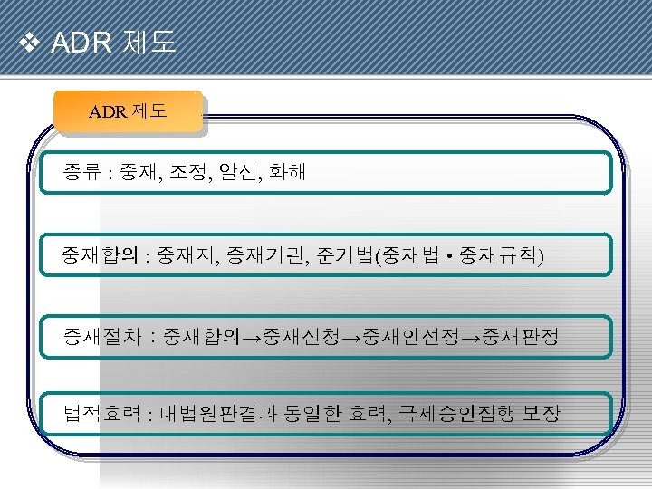 v ADR 제도 종류 : 중재, 조정, 알선, 화해 중재합의 : 중재지, 중재기관, 준거법(중재법