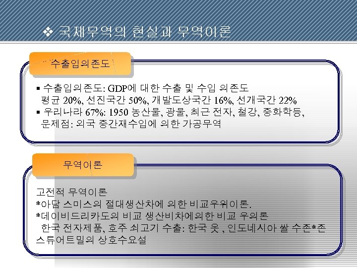 v 국제무역의 현실과 무역이론 수출입의존도 § 수출입의존도: GDP에 대한 수출 및 수입 의존도 평균