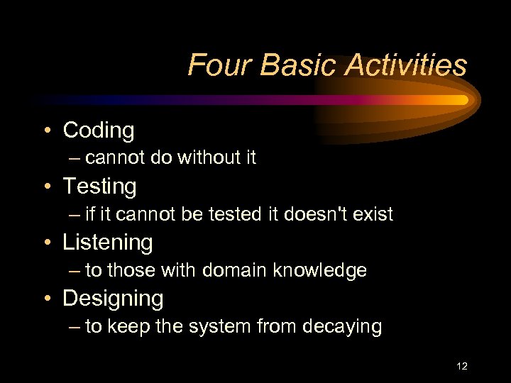 Four Basic Activities • Coding – cannot do without it • Testing – if