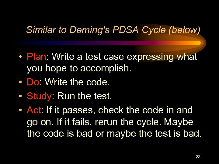 Similar to Deming's PDSA Cycle (below) • Plan: Write a test case expressing what