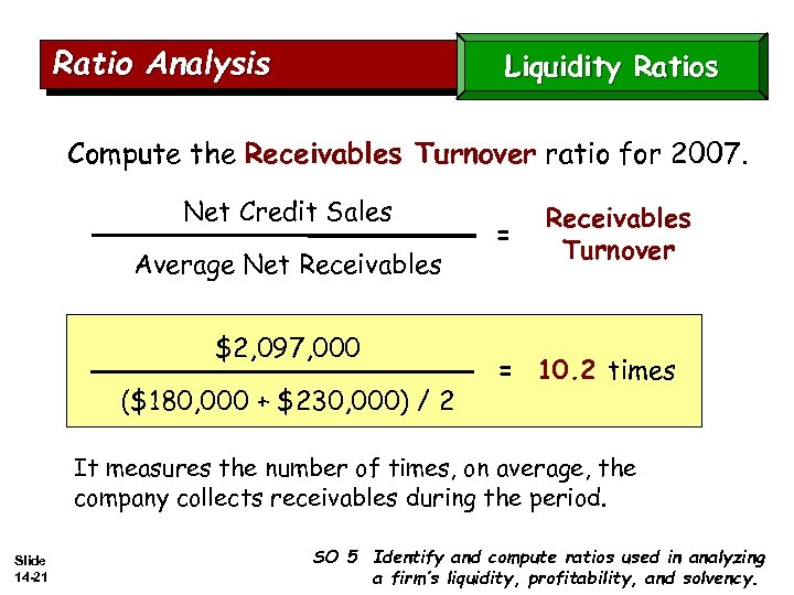 Ratio Analysis Liquidity Ratios Compute the Receivables Turnover ratio for 2007. Net Credit Sales