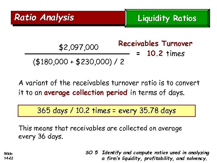 Ratio Analysis Liquidity Ratios Receivables Turnover = 10. 2 times ($180, 000 + $230,